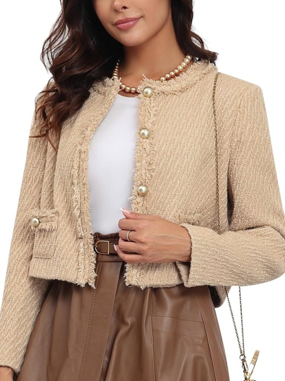 Chic Cropped Tweed Blazer Jacket for Women with Pockets, Stylish Long Sleeve
